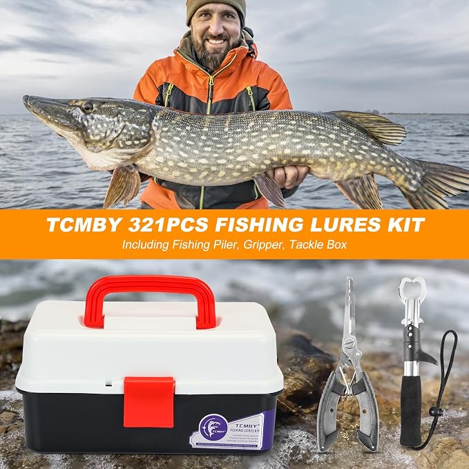 TCMBY 3 Layers Tackle Box with Tackle Included, 321Pcs Fishing Lures Kit Contains Pliers, Crankbait, Hooks, Weights & Accessories, Fishing Gear Bait Lure Gifts for Men Bass Freshwater (White Black)