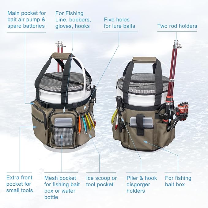 Fishing Bucket Organizer with Bucket Cover Fishing Tackle Bag with Rod & Plier Holder, Multi-Pockets for 5 Gallon Bucket Fishing Gear & Accessories Father Gifts