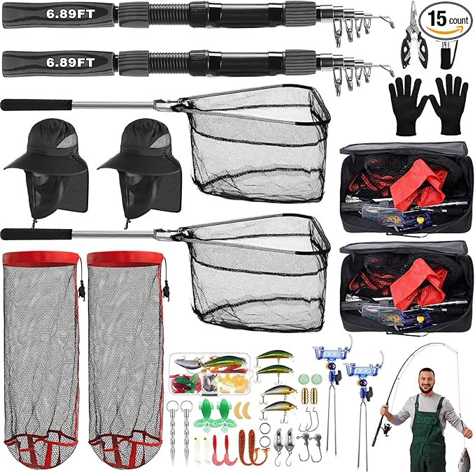 Father's Day Telescopic Fishing Rod Kit, 6.89ft/5.91ft 2 Pcs Collapsible Rod for Him with Landing Net, Tackle Bag, Gloves, Lures, Pliers, Gift for Dad for Saltwater Freshwater Fishing