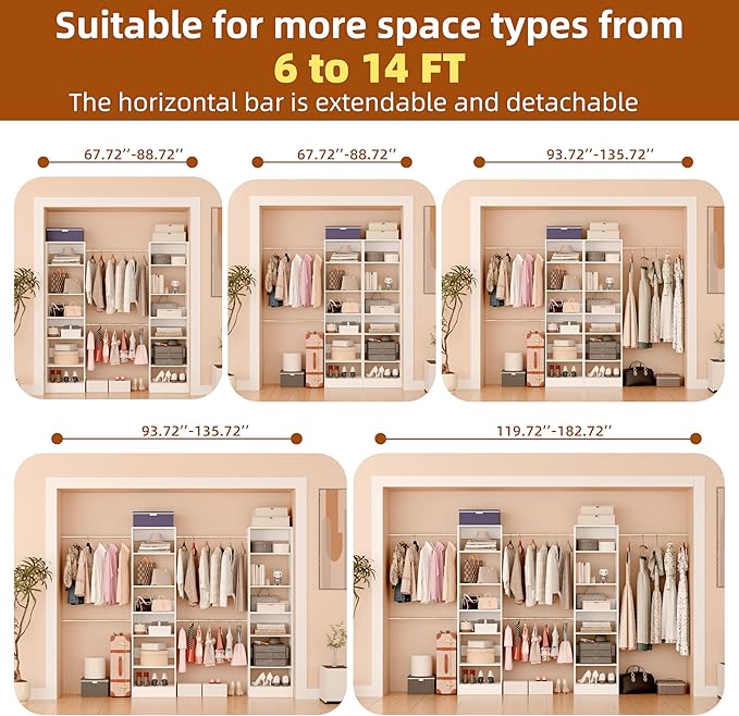 Closet System Set of 2, Closet Organizer System With Adjustable Shelves, Walk-In Closet Storage System With 10 Hanging Rods, Adjustable Cloth Garment Rack, Fits Spaces 6Ft-16Ft, White