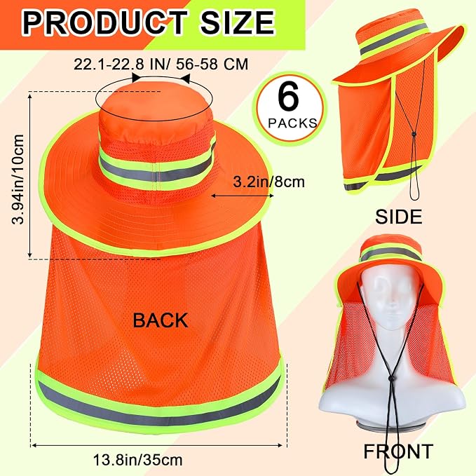 6 Pcs Reflective Safety Hat High Visibility Neck Flap Boonie Hat Wide Brim Work Hats Breathable Bucket Cap for Worker