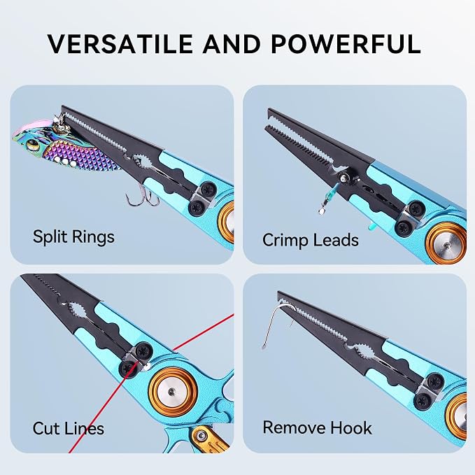Fishing Pliers Hook Remover, Saltwater Split Ring Pliers with Safety Lock, Fishing Gear with Sheath and Lanyard, Fishing Gifts for Men