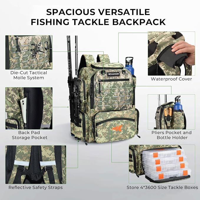 KastKing Bait Boss Fishing Tackle Backpack with Rod Holders-4 Tackle Boxes-Rain Cover,Storage for Fishing Gear