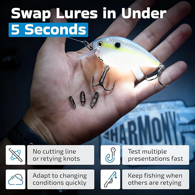Harmony Fishing Stealth Clips (25 Pack) [Black Stainless] (Ultra-Strong, Fast-Swapping Universal Power Snaps for Fishing Lures)