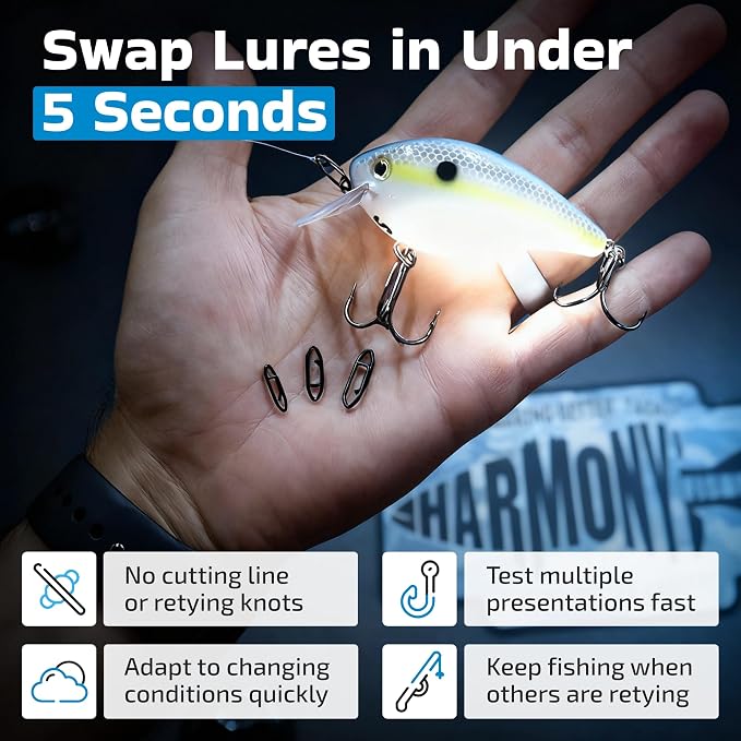 Harmony Fishing Stealth Clips (25 Pack) [Black Stainless] (Ultra-Strong, Fast-Swapping Universal Power Snaps for Fishing Lures)