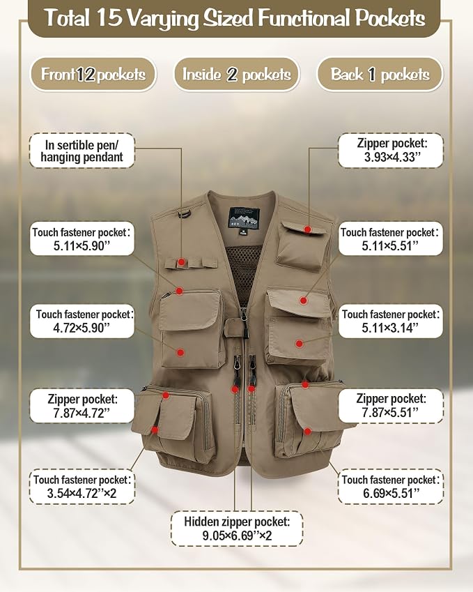 Shihanee 2 Pcs Men's Fishing Vest Sun Hat Multi Pocket Safari Vest for Outdoor Hiking Summer Travel