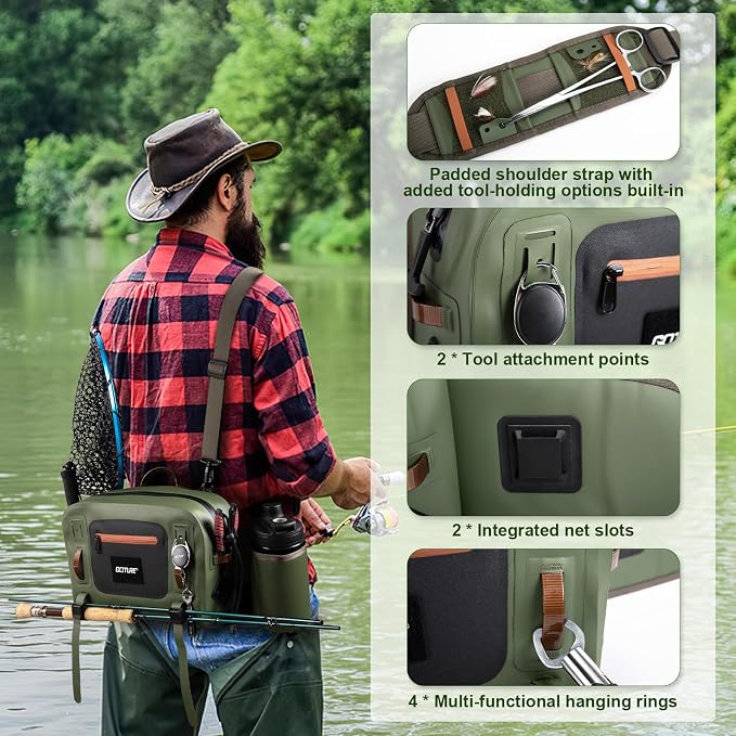 Goture Waterproof Fishing Waist Pack,IPX8 840D TPU Large Tackle Bag with Rod Holder,Airtight Zipper Closure,Detachable Water Bottle Holder, 10L Fly Fishing Bag with Adjustable Strap,Sling Fanny Pack