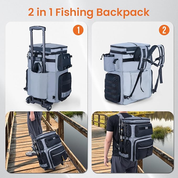 Goture 66L Rolling Tackle Box with Cooler, Gray Large Fishing Bag with Wheels for 5 3700 Trays(Trays Not Included), Saltwater Resistant Tackle Backpack with Rod Holders