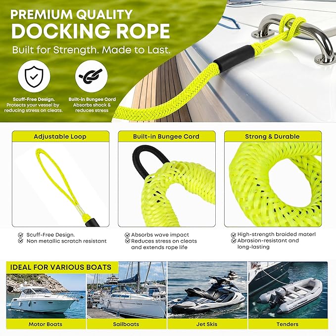 Boat Bungee Dock Lines, Scratch-Free Loop Ends Mooring Rope, Shock Absorbing Pontoon Tie Down Accessories Compatible with Models for Jet Ski（3ft-2 Pack-Yellow）