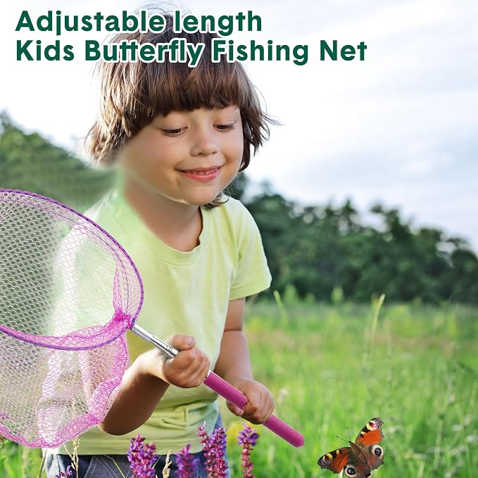 Arrowbash 48 Pcs Kids Butterfly Fishing Nets Bulk Colorful Telescopic Butterfly Fishing Nets with Stainless Steel Pole Handle 34 Inch with 20 Pcs Plastic Insect Bottle Nature Exploration Toys