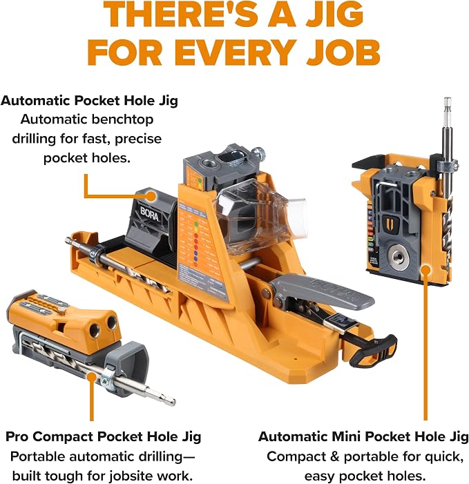 BORA Pro Compact Metal Pocket Hole Jig Kit, 3 inch Face Clamp & 350pc Screw Set Auto Adjust Drill Guide, Durable Pocket Hole Jig for Woodworking & Tight Spaces - For Materials 1/2 in - 1-1/2 in Thick