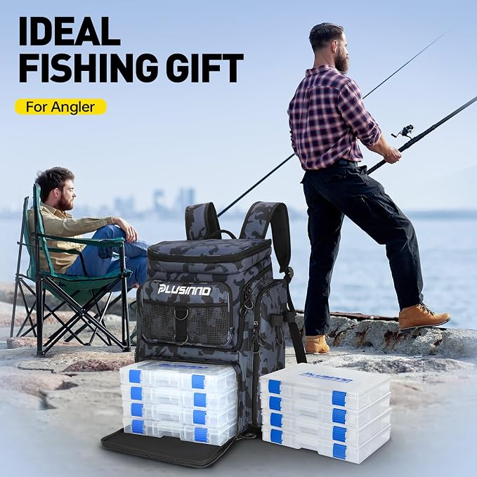 PLUSINNO Fishing Tackle Backpack with Rod Holders，42L Water-resistant Fishing Bag Store Fishing Gear,Fishing Gifts For Men.