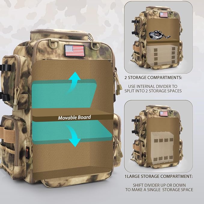 Fishing Backpack, Fishing Tackle Backpack with Rod Holders for 4 Boxes (Box Not Included) 45L Waterproof Fishing Gear, Ideal for Men and Women Large Tackle Box Bag (Sahara Khaki Camo)