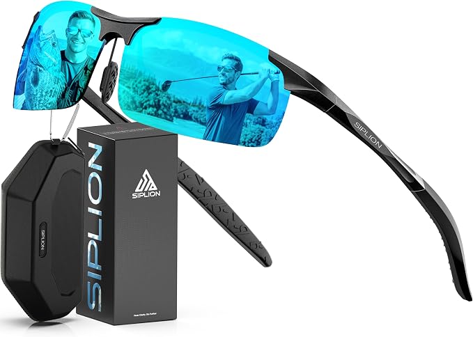 SIPLION Polarized Sunglasses Men Sports: UV Protection Ultra Light Al-Mg Metal Frame Ideal For Driving Fishing Running Golf
