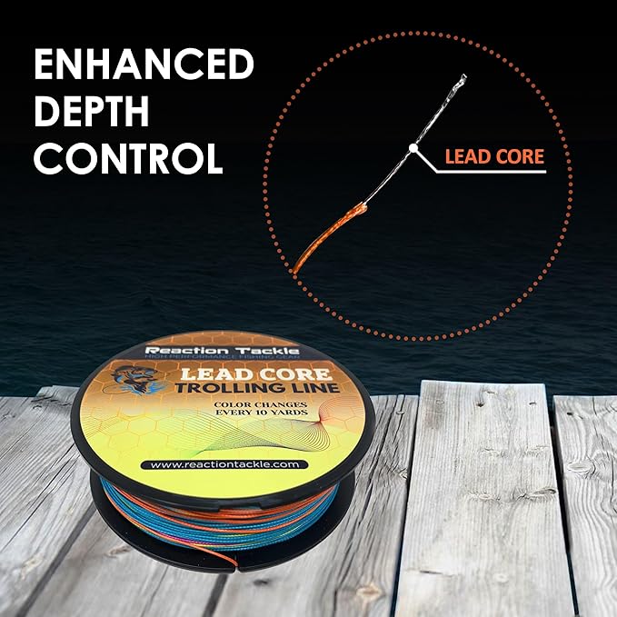 Reaction Tackle Lead Core Trolling Line - Color Changing Metered Braided Line for Trolling, Fast Sinking Depth Control for Walleye Trout and Salmon