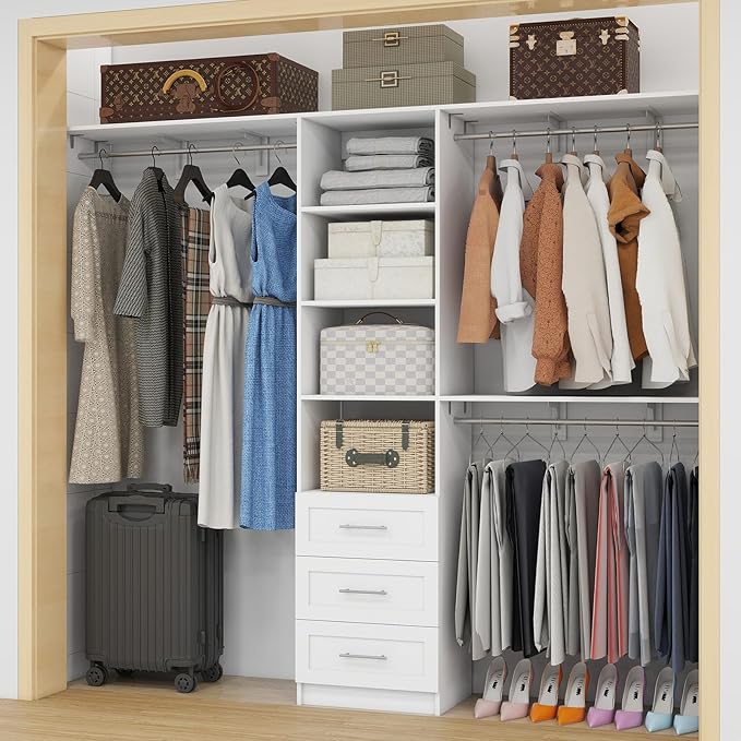 Closet Organizer System with Drawers, 8FT Corner Closet Shelving System 96" Walk in Wood Closet Storage System with 3 Shelves Custom Hanging Rods Heavy Duty Wall Mount