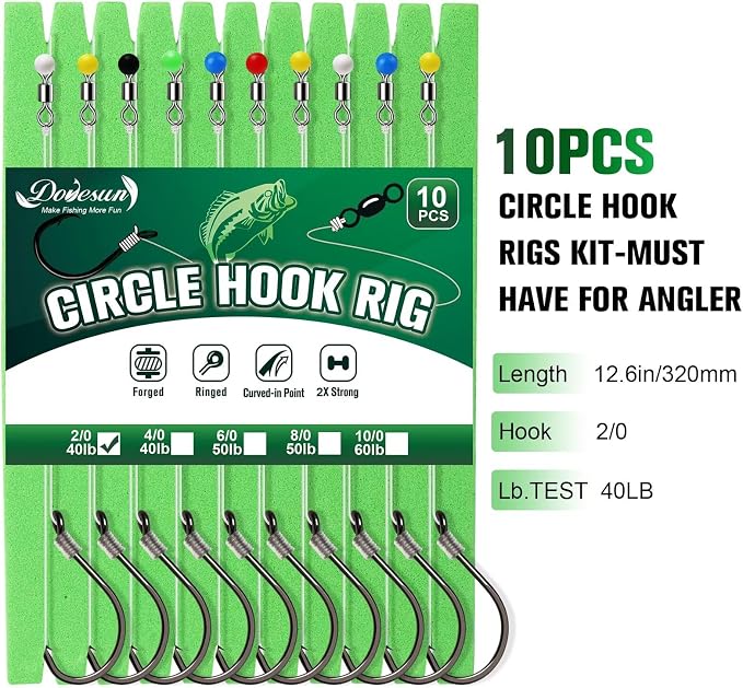Dovesun 10PCS Pre-Rigged Catfish Rig Circle/Octopus Hooks Rigs for Catfish Offset Circle Fishing Hooks for Saltwater Freshwater 2/0 3/0 4/0 5/0 6/0 7/0 8/0 10/0