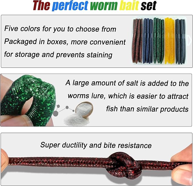 Wacky Worm Bass Lures Kit: 40PCS 5" Senko Worms with Storage Box | Slow-Sink Fishing Baits for Freshwater Saltwater