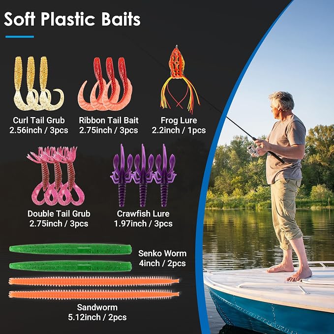 SMMYMGF Fishing Lures Tackle Box Kit,Saltwater Freshwater Fishing Gear and Equipment,Including Bionic Swimbait,Top Water baits,Soft Plastic Baits, Accessories etc for Bass,Trout, Salmon.