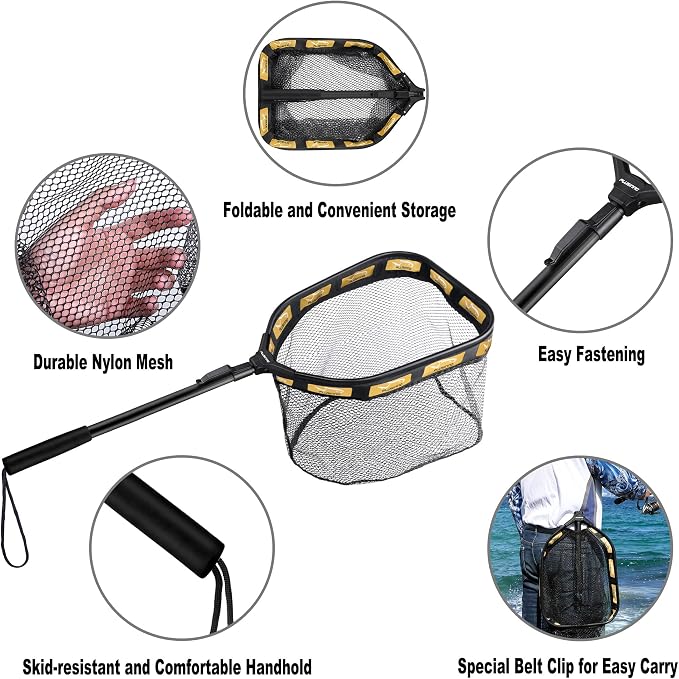 PLUSINNO Floating Fishing Net for Steelhead, Salmon, Fly, Kayak, Catfish, Bass, Trout Fishing, Rubber Coated Foldable Landing Net with Fixed or Telescoping Pole Handle, Fishing Gear and Gifts for Men