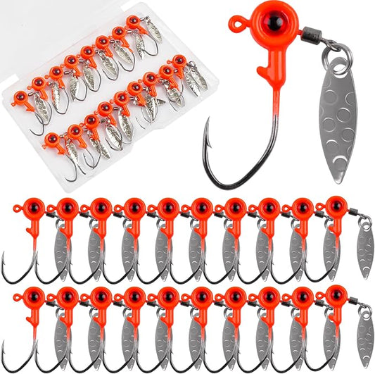 Crappie Jig Heads Fishing Lures Kit, 15pcs Underspin Jig Heads with Spinner Blade Crappie Lures Eye Ball Head Painted Fishing Jigs for Bass, Trout, Panfish, Sunfish
