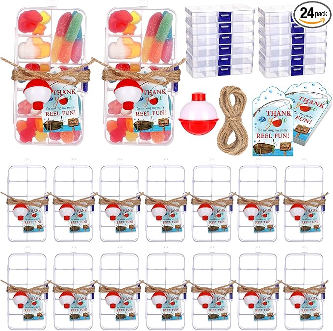 Wonderjune 24 Sets Fishing Party Favors Candy Little Tackle Boxes with Red White Floater Thank You Cards for Making My Reel Fun Fishing Theme Party Decorations