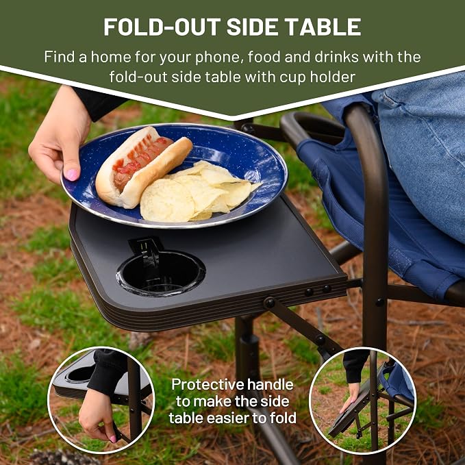 TIMBER RIDGE Folding Camping Chair with Cooler Bag, Director Chair Foldable with Side Table for Adults, Camp Chairs for Outdoor, Lawn, Sports, Fishing, Heavy Duty Supports 300lbs, Blue