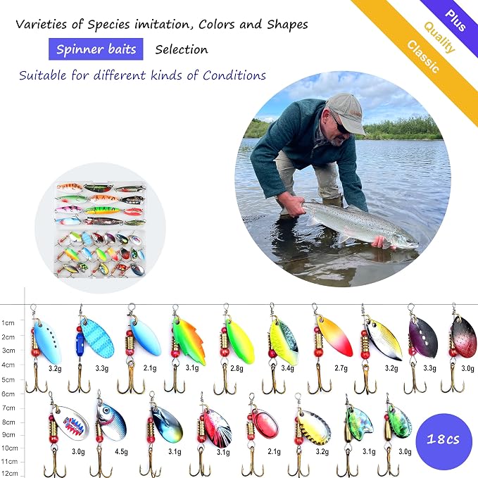 EXAURAFELIS 10/30pcs Fishing Lure Spinnerbait with Feathered Treble Hooks Rooster Tail Fishing Lures Spoon Lures for Bass Salmon Trout Spinner Baits with Tackle Box