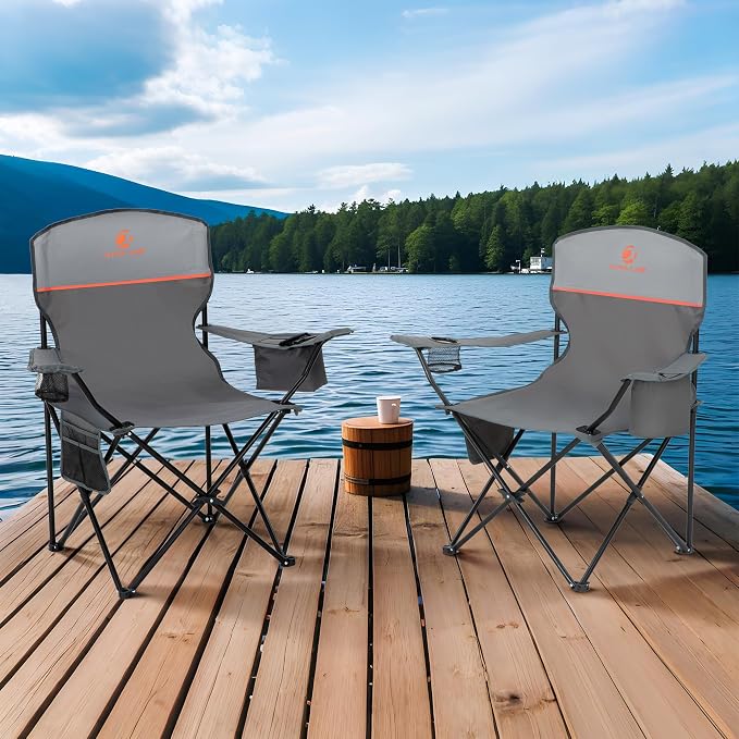 ALPHA CAMP 2-Pack Camping Chair with Cooler Bag, Heavy Duty 250lbs Capacity Folding Chair with Lumbar Support & Side Pocket, Portable Quad Chairs for Beach Fishing Tailgating & Sideline Sport