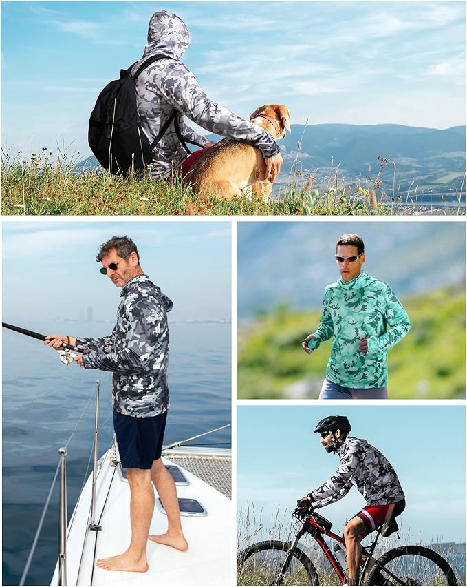 FISHEAL Men's Performance Fishing Hoodie Shirt - UPF 50+ Sun Protection Long Sleeve Thumbholes Shirts with Neck Gaiter