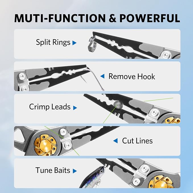 Saltwater Fishing Pliers, Split Ring Pliers for Fishing with Safety Lock, Fish Pliers with Sheath and Lanyard, Fishing Gifts for Men