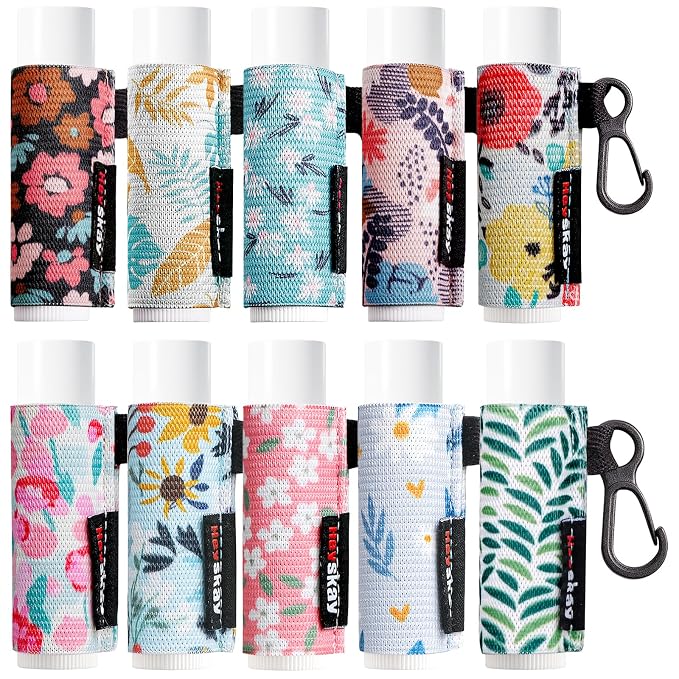 HEYSKAY 10PCS Lip Balm Holder Sleeves Keychain Compact Clip On Lipstick Chapstick Lip Gloss Elastic Sleeves, Floral Patterns
