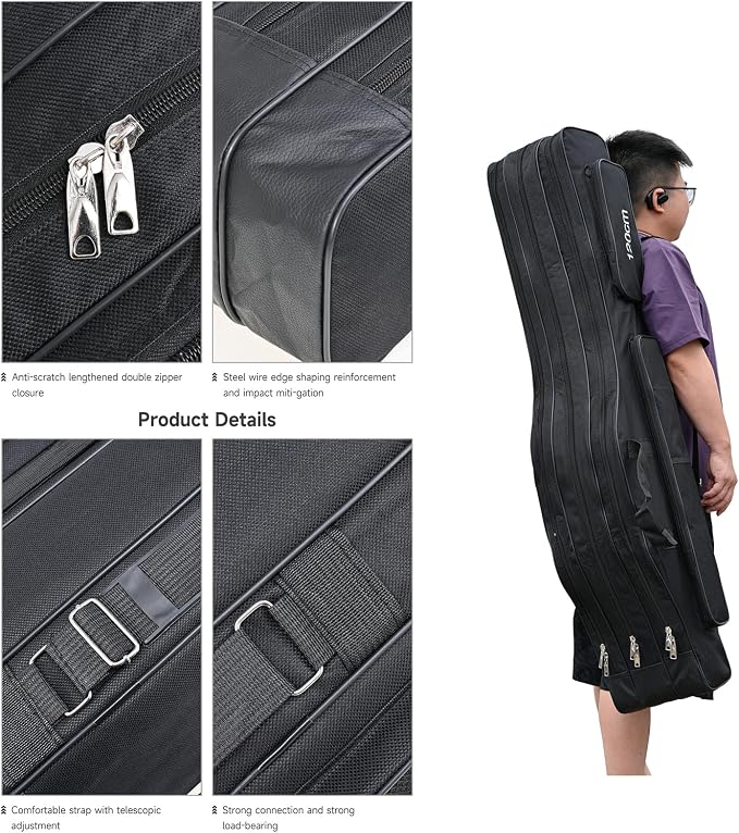 3 Layers Fishing Pole Bag,Portable 3 Layers Oxford Folding Rod Carry Case,Fishing Reel Tackle Storage Bag Case