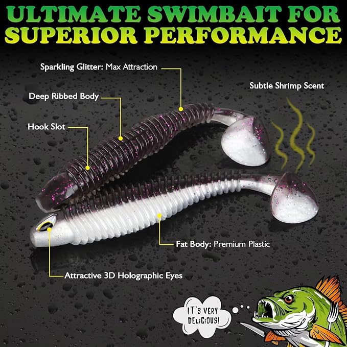 LUCKYFISHING Paddle Tail Swimbaits 10/16/20 PCS Fishing Lures Soft Plastic Lures for Trout Crappie Walleye Soft Baits for Bass Fishing Freshwater Saltwater 4.1/3.5/3/2.5 Inch