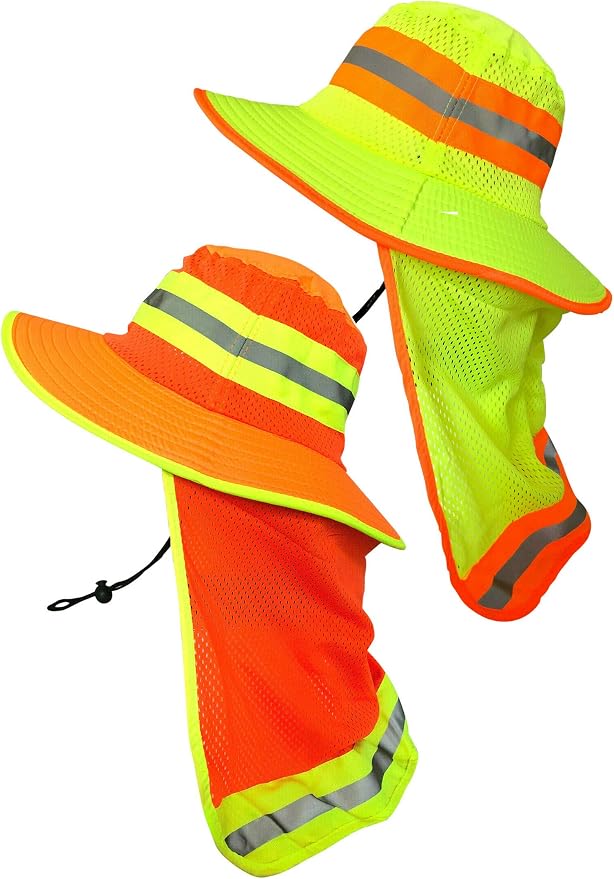 Men High Visibility Reflective Sun Hat with Neck Flap Wide Brim Boonie Hat Bucket Cap