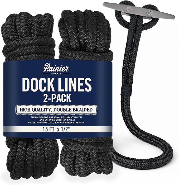 RainierSupplyCo Dock Lines 2-Pack - Boat Rope for Docking with Loop - 15 ft x 1/2 Inch Premium Double Braided Nylon Marine Rope - Mooring Line with 12" Eyelet - Boat Accessories - Black