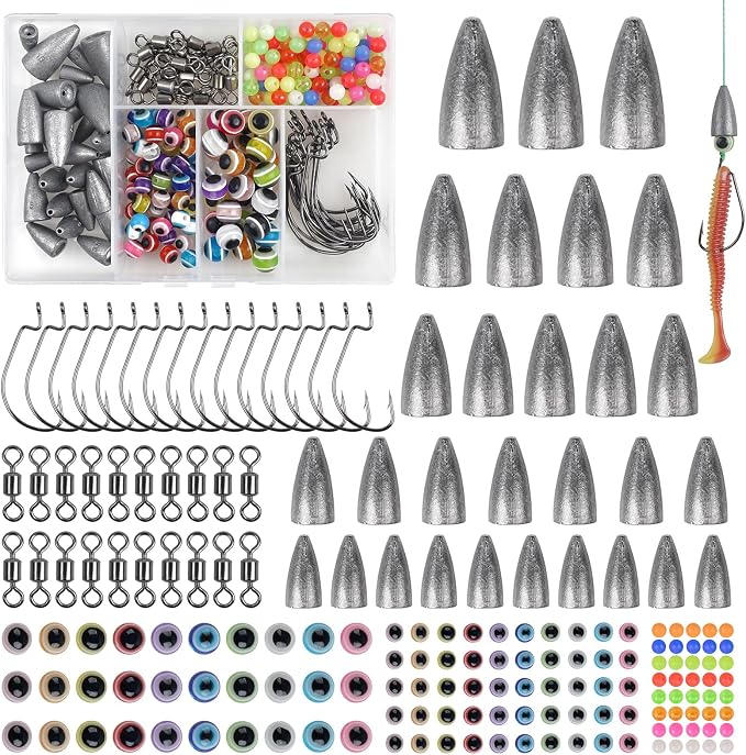 Texas and Carolina Rigs for Bass Fishing Worm Weights Bullet Sinkers Hooks Beads Rolling Barrel Swivels Fishing Accessories Tackle Kit 184pcs