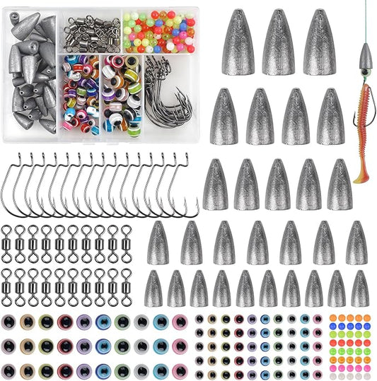 Texas and Carolina Rigs for Bass Fishing Worm Weights Bullet Sinkers Hooks Beads Rolling Barrel Swivels Fishing Accessories Tackle Kit 184pcs