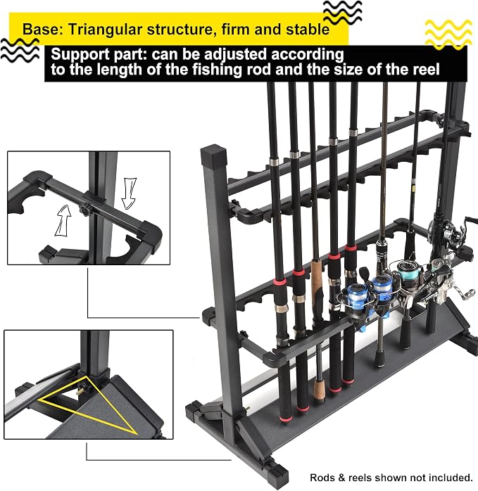 24-Rod Aluminum Fishing Rod/Pole Holder, Rustproof Fishing Rod Rack with 360° Lockable Wheels, Multi-Functional Storage Organizer for Garage & Home, Fits Most Rods & Golf Clubs (White)