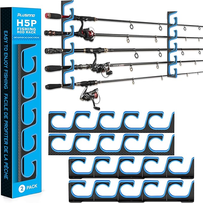 PLUSINNO H5P Fishing Rod/Pole Holders for Garage, Wall or Ceiling Mounted Fishing Rod Holder with Soft Protective Pad, Fishing Rod Storage Organizer Holds up to 5/10/20 Rod or Combos or Nets
