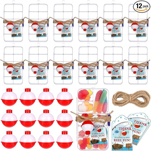 Wonderjune 12 Sets Fishing Party Favors Candy Little Tackle Boxes with Red White Floater Thank You Cards for Making My Reel Fishing Theme Party Decorations