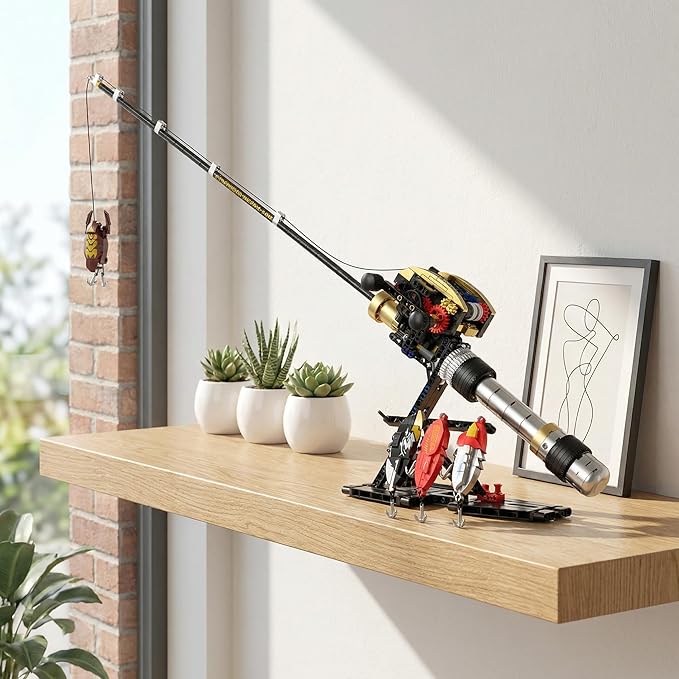 Fishing Rod Building Kit, Designed for Fishing Enthusiasts, is a LEGO-Compatible STEM Construction Toy Suitable for Children and Adults as a Home Decor Gift.