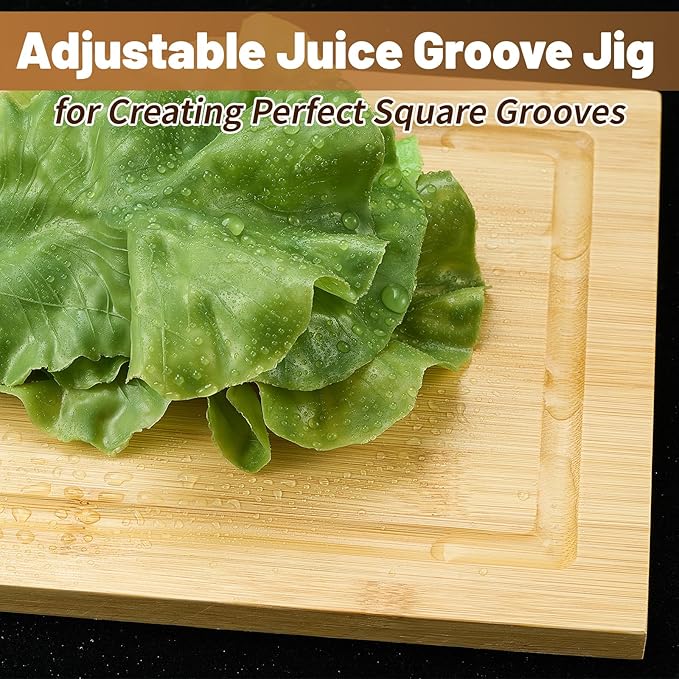 CroBlissful Juice Groove Router Jig, 8 Spacers 4 Pcs 1/4" Shank Round Nose Cove Box Router Bit Adjustable Wooden Juice Groove Jig for Cutting Board Up to 22 x 29, Making Square Recesses(Light Brown)