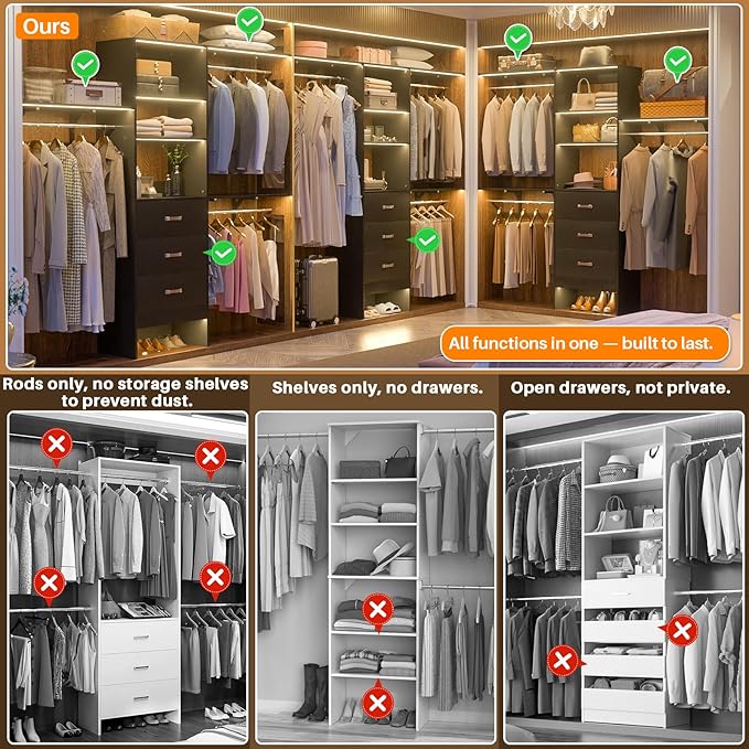 Armocity 96 Inches Closet System, 8FT Walk In Closet Organizer with 3 Shelving Towers, Heavy Duty Clothes Rack with 3 Drawers, Built-In Garment Rack, 96" L x 16" W x 75" H, Max Load 1000 LBS, Black