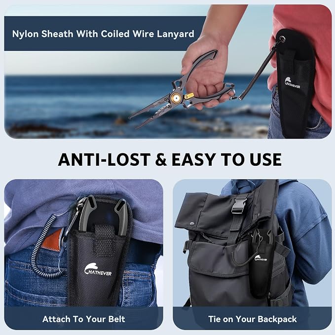 Fishing Pliers Hook Remover, Saltwater Split Ring Pliers with Safety Lock, Fishing Gear with Sheath and Lanyard, Fishing Gifts for Men