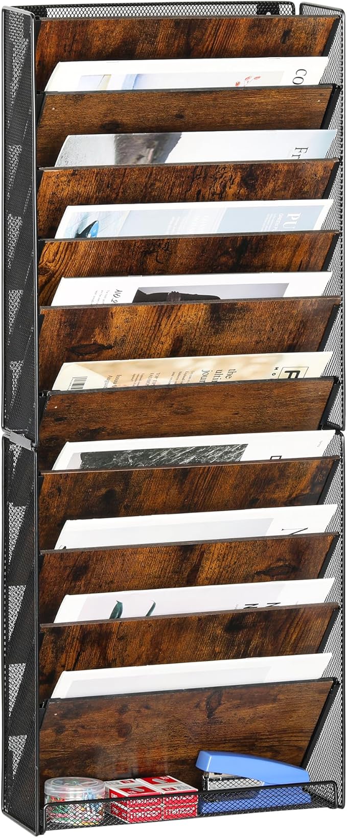 TQVAI 10-Tier Hanging Wall File Organizer - Folding Wall Mounted Mail Document Holder, Metal Clipboard Storage Rack for Office, Homeschool, Classroom Organization, Black/Vintage