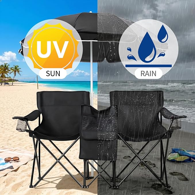 XL Double Folding Camping Chair with Removable Umbrella, Heavy Duty 480lbs Capacity Portable Love Seat with Cooler Bag, Cup Holders & Side Pocket for Beach, Fishing, Picnic, Black