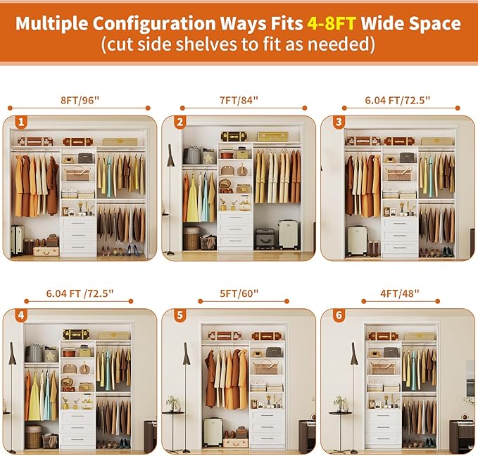Closet System with 3 Drawers, 4-8FT Custom Closet Organizer System Modular with Adjustable Shelves for Walk in Closets with 3 Expandable Rods, Wood Built In Closet Storage System Heavy-Duty, White