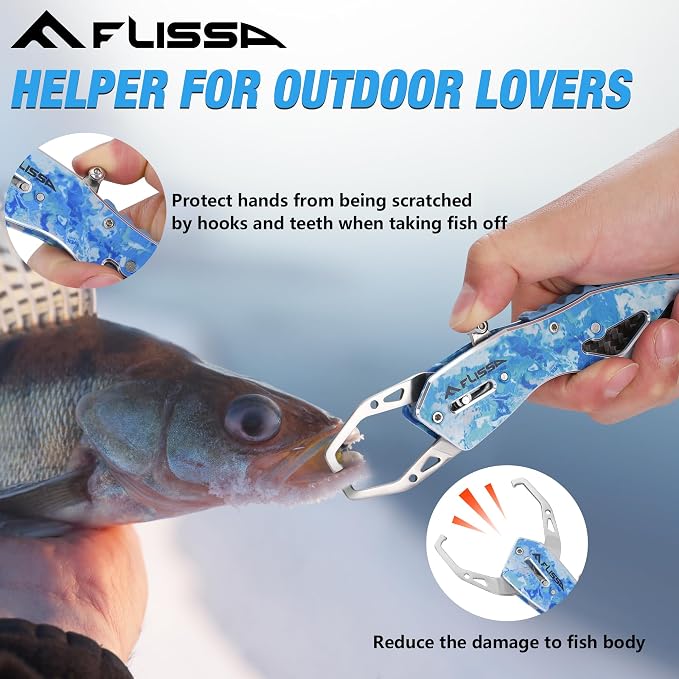 FLISSA 7" Camo Fish Gripper, 40 Pound Lip Gripper with Aluminium Alloy Handle, Stainless Steel Grabber with Carabiner and Spring Anti-Lost Rope, Lightweight Holder for Fishing