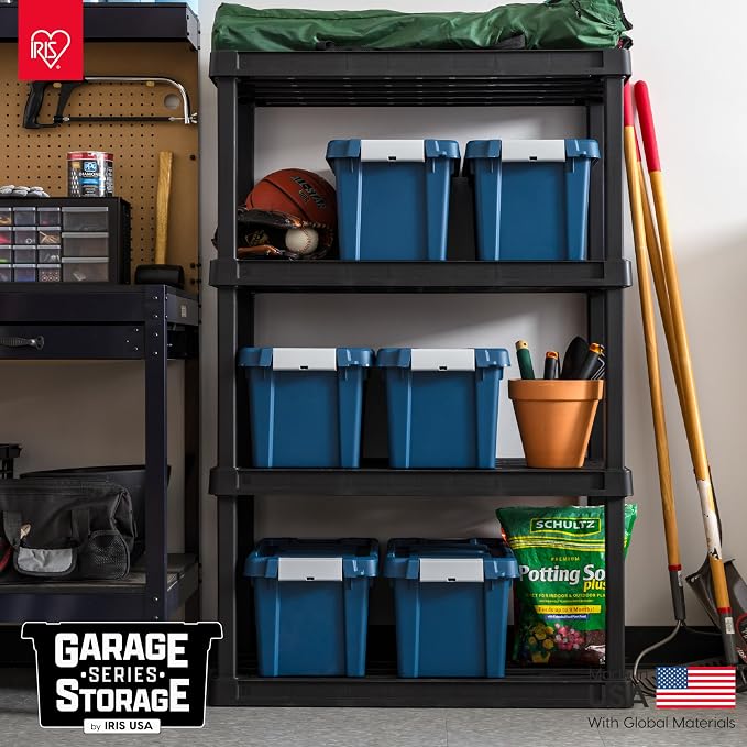 IRIS USA 5 Gallon Eco-Friendly Lockable Storage Bins with Lids, 6 Pack - Made in USA, Heavy Duty, Stackable Containers, Garage Organizing Bins Moving Tubs, Rugged Sturdy Equipment Utility Box - Navy